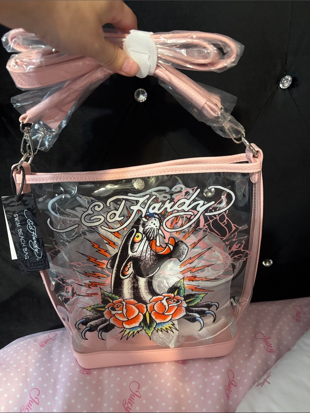 Ed Hardy Pink Clear Crossbody Bag with Graphic Panther and Roses